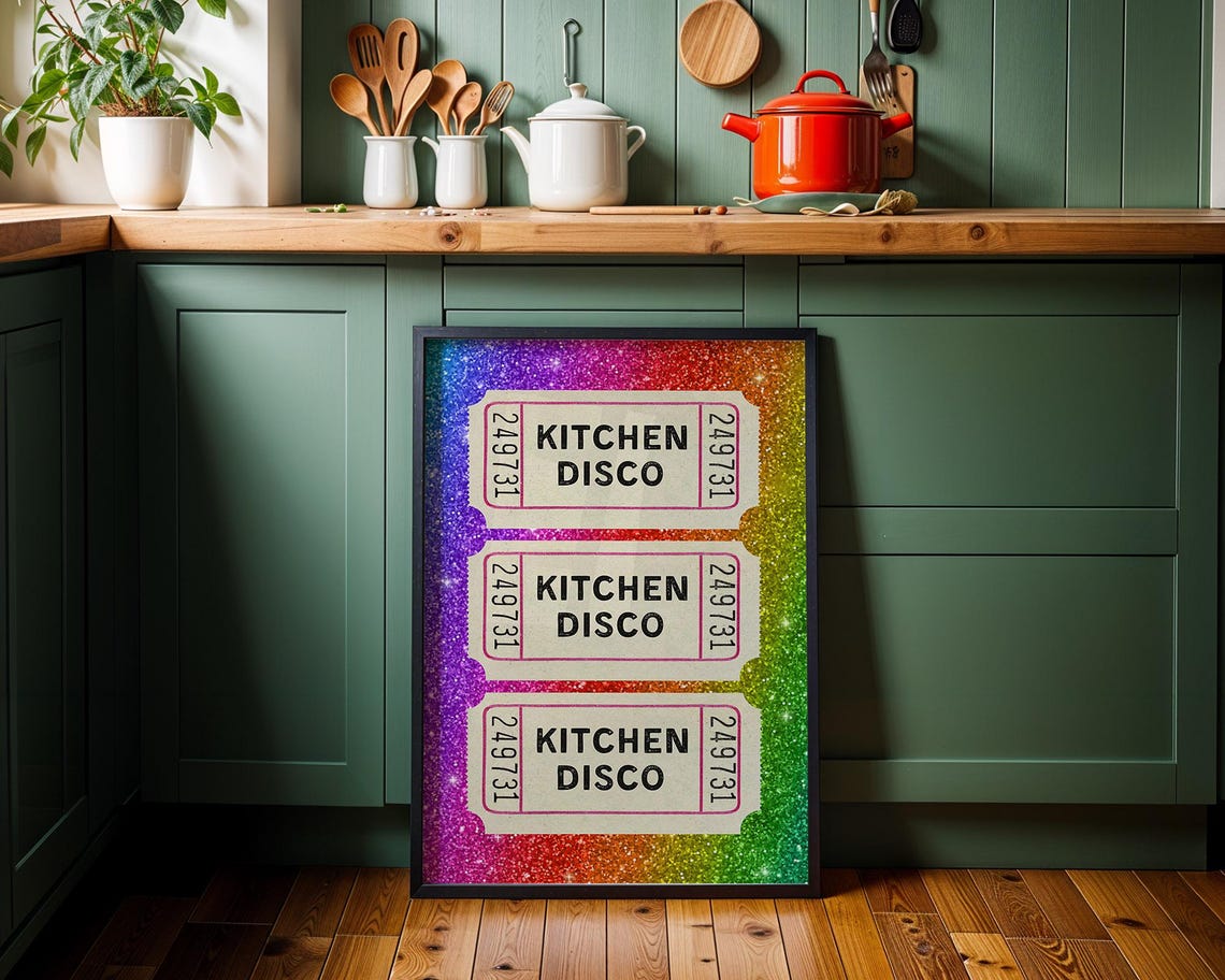 Kitchen Disco Ticket Stub Wall Art Vintage Ticket Poster Rainbow Print Glitter Trendy Wall Art - Image 4