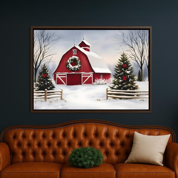 Red Barn Snowy Christmas Wreath Winter Farmhouse Holiday Poster