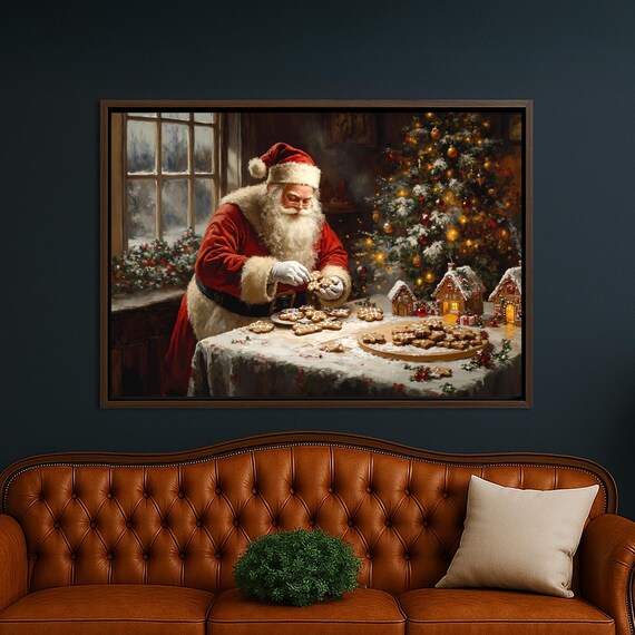 Santa Decorating Gingerbread Cookies By Christmas Tree Art Poster