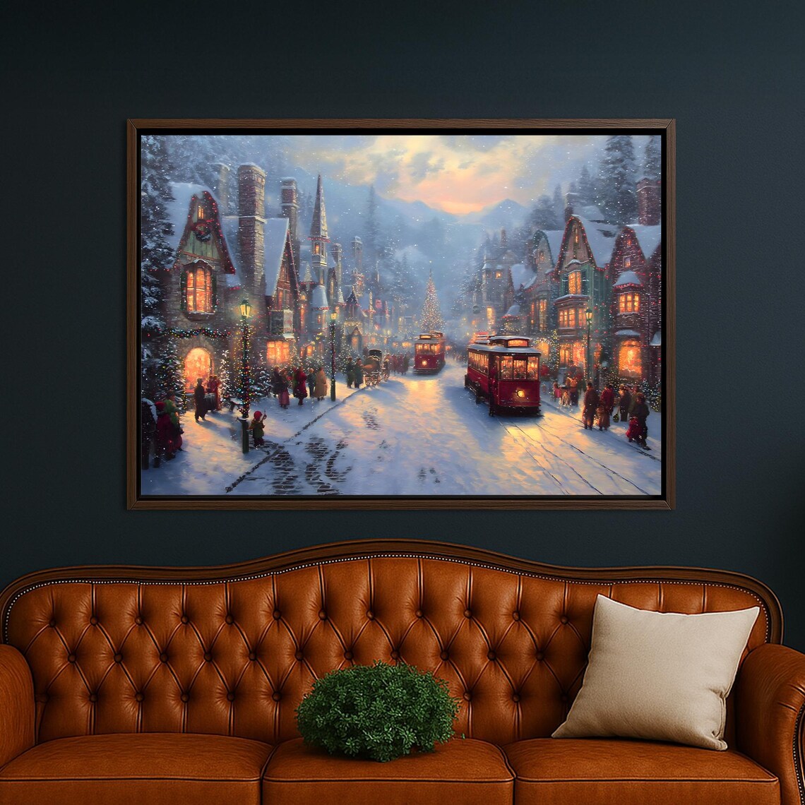 Snowy Christmas Village Street Trolley Cozy Night Scene Poster