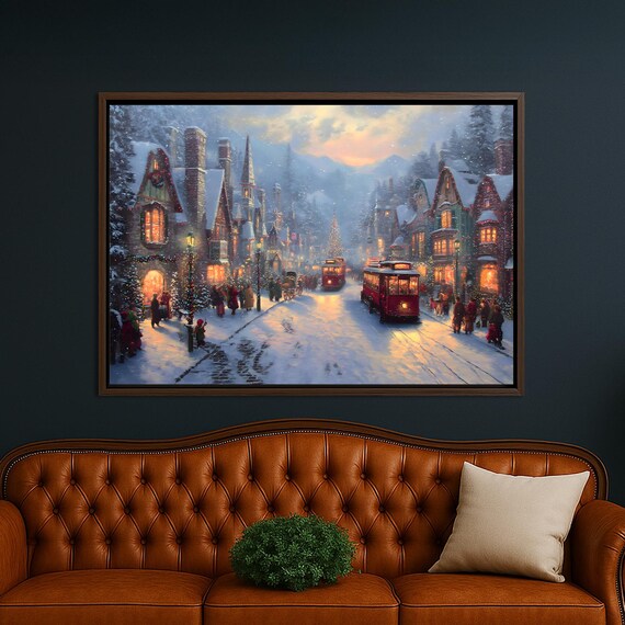 Snowy Christmas Village Street Trolley Cozy Night Scene Poster