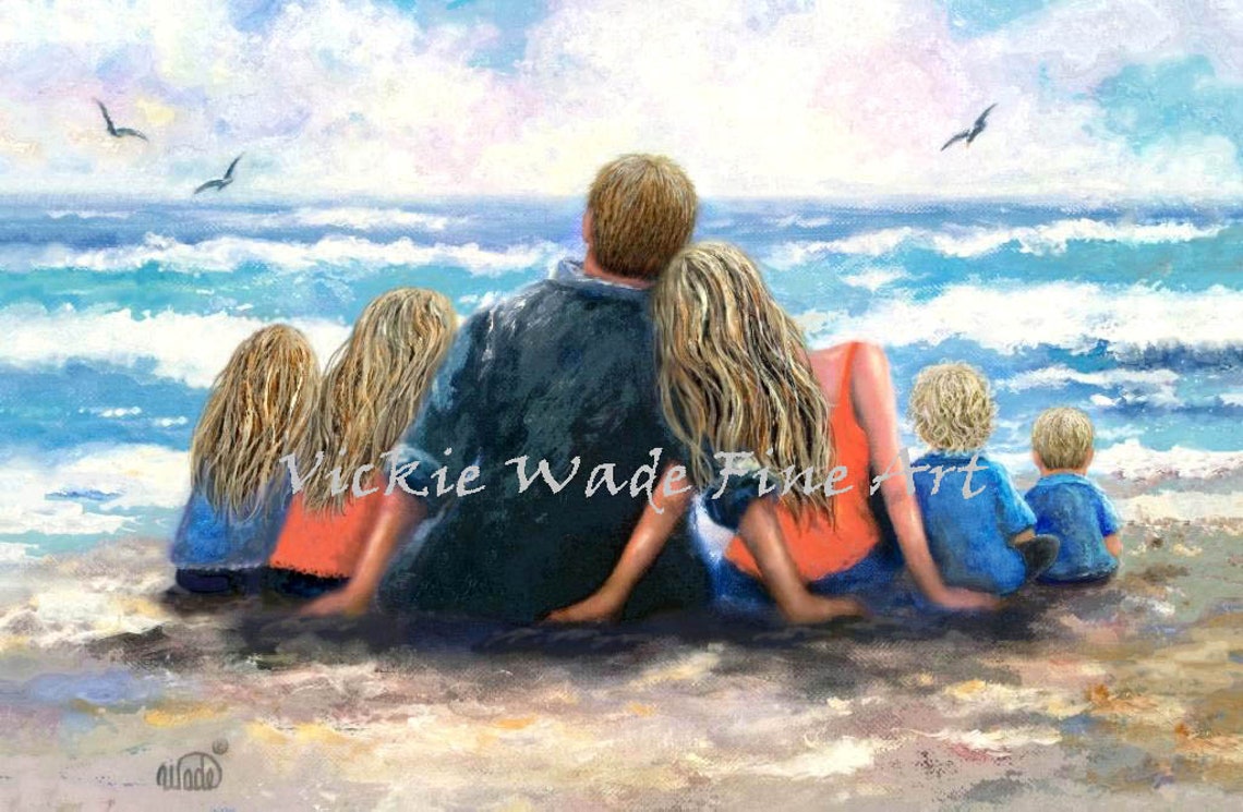Four Blonde Children Watching Ocean Waves Together Beach Poster