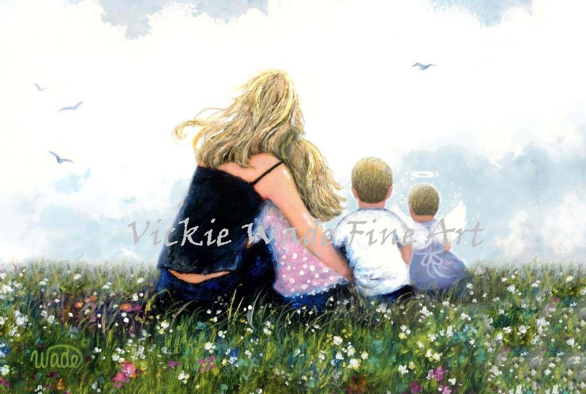 Mother And Three Children Hugging Art Print Angel Baby Girl Grief And Mourning Blonde Mom Daughter Son And Baby Daughter Vickie Wade Art