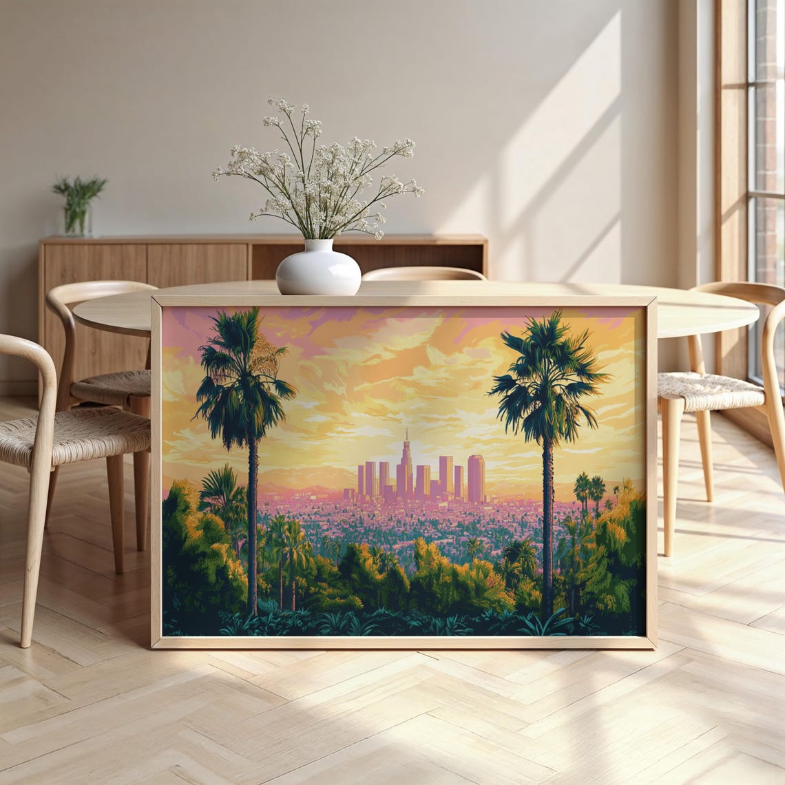 Los Angeles Skyline Sunset Poster with Palm Trees and Warm Glow