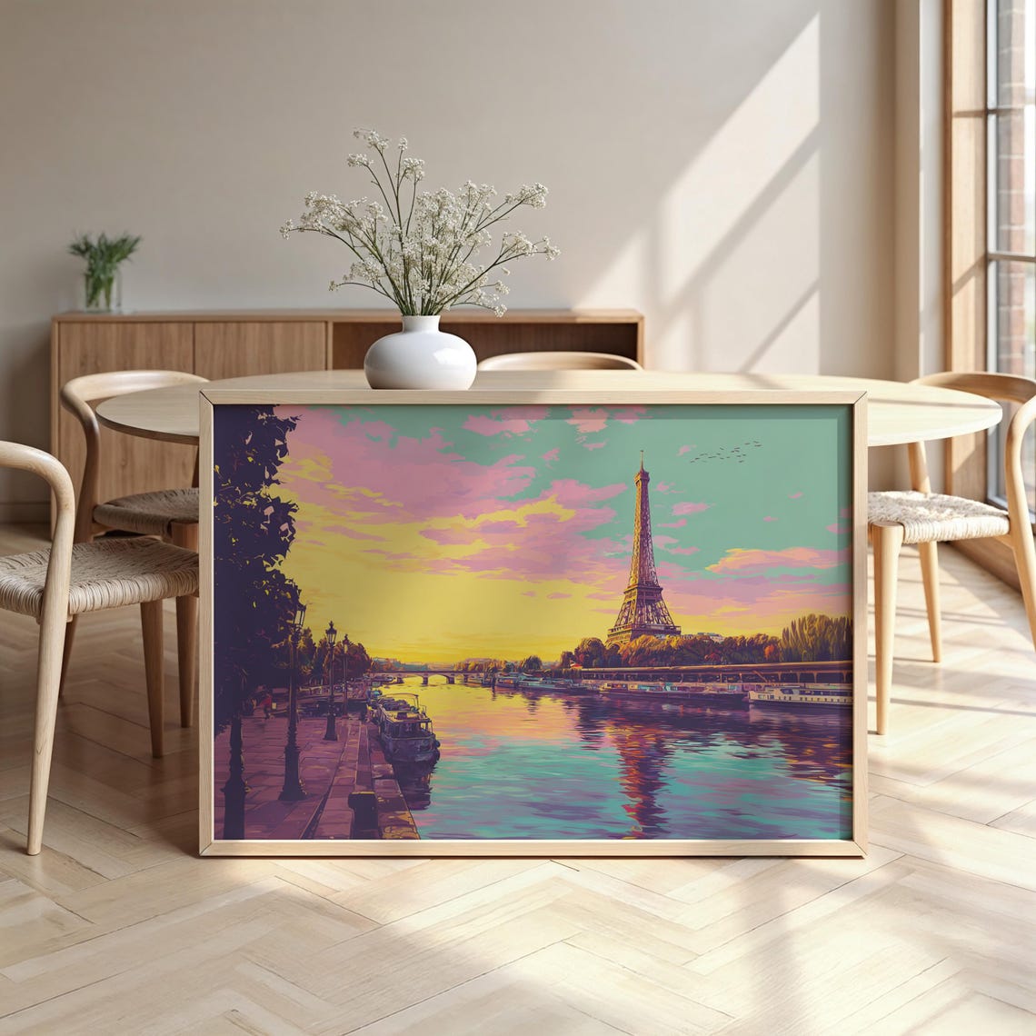 Eiffel Tower Seine River Sunset Pop Art Watercolor Paris Poster