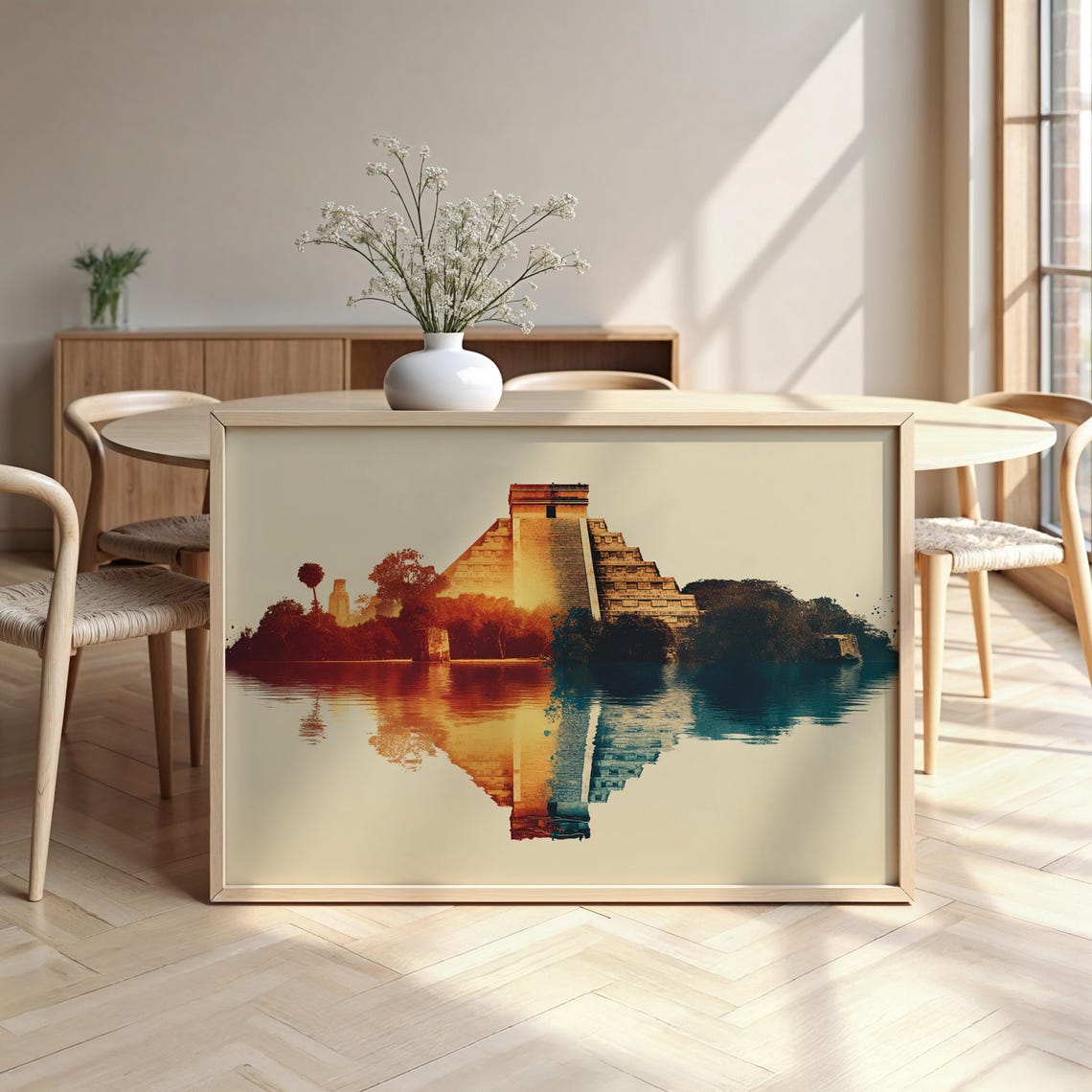 Chichen Itza Pyramid Watercolor Reflection Orange Teal Travel Poster