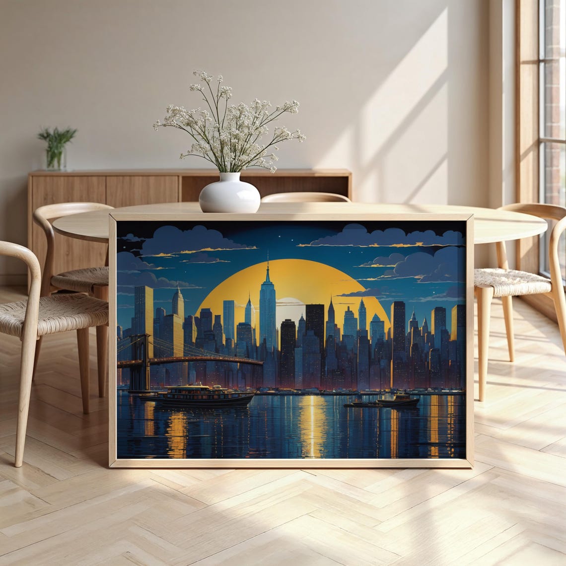 New York Night Skyline Big Golden Moon Harbor Cityscape Poster