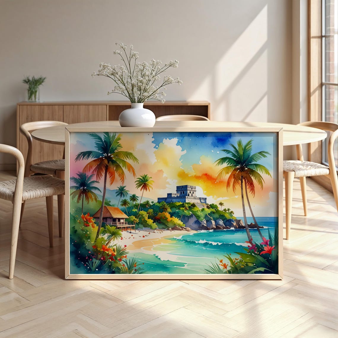 Tulum Beach Watercolor Mayan Ruins Palm Trees Caribbean Sea Poster