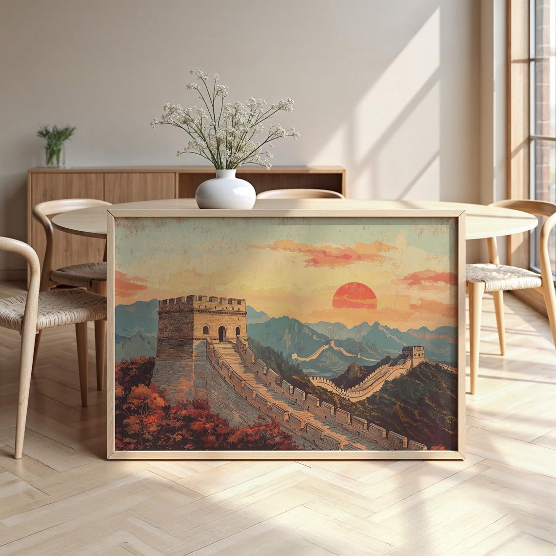 Great Wall Of China Sunset Vintage Travel Illustration Framed Poster