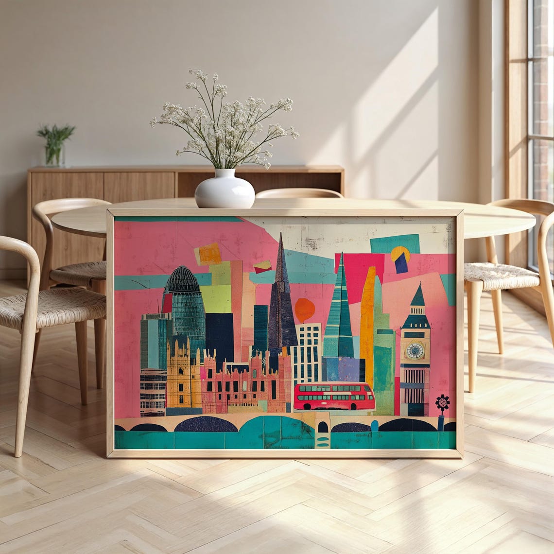 Colorful London Skyline Collage Big Ben Red Bus Modern Poster