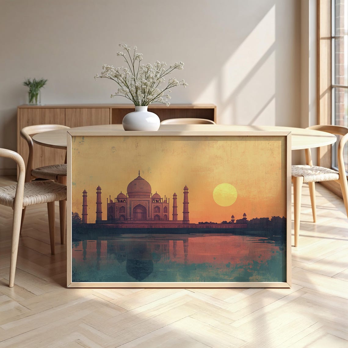 Taj Mahal At Sunset Watercolor Cityscape Golden Reflection Art Poster