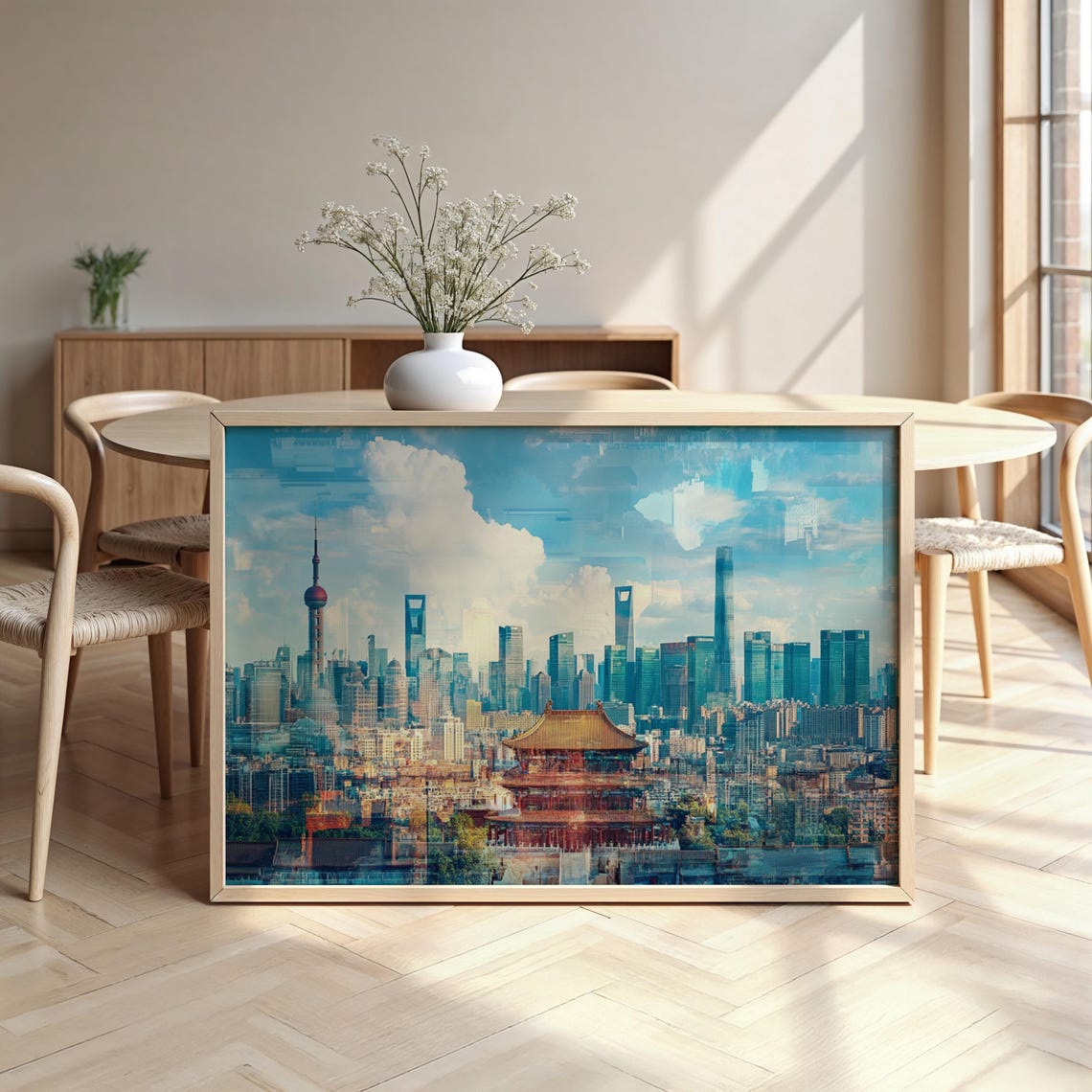 Shanghai Skyline Oriental Pearl Tower Temple Vintage Travel Poster