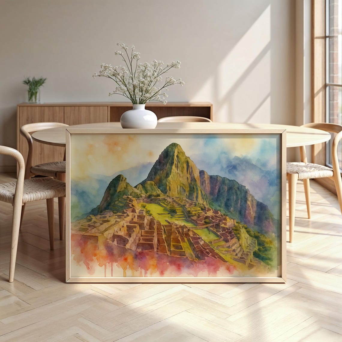 Machu Picchu Watercolor Poster Peru Inca Ruins Mountain Landscape