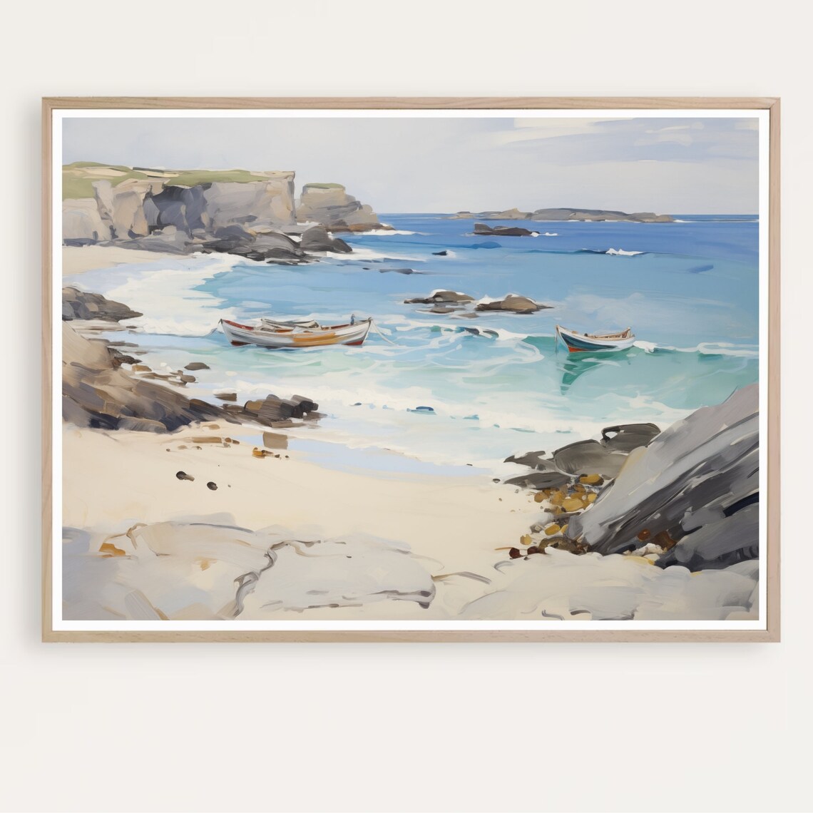 Turquoise Cove Two Rowboats Rocky Shoreline Coastal Painting Poster