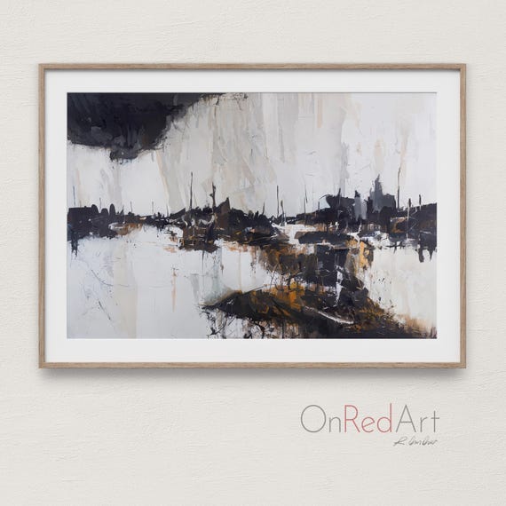 Abstract Landscape Art Print Black Ochre Textured Wall Decor