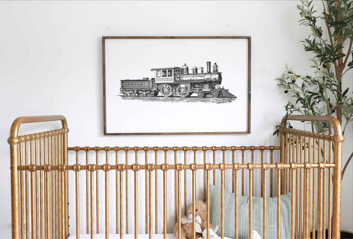Vintage Steam Locomotive Engraving Train Theme Nursery Poster