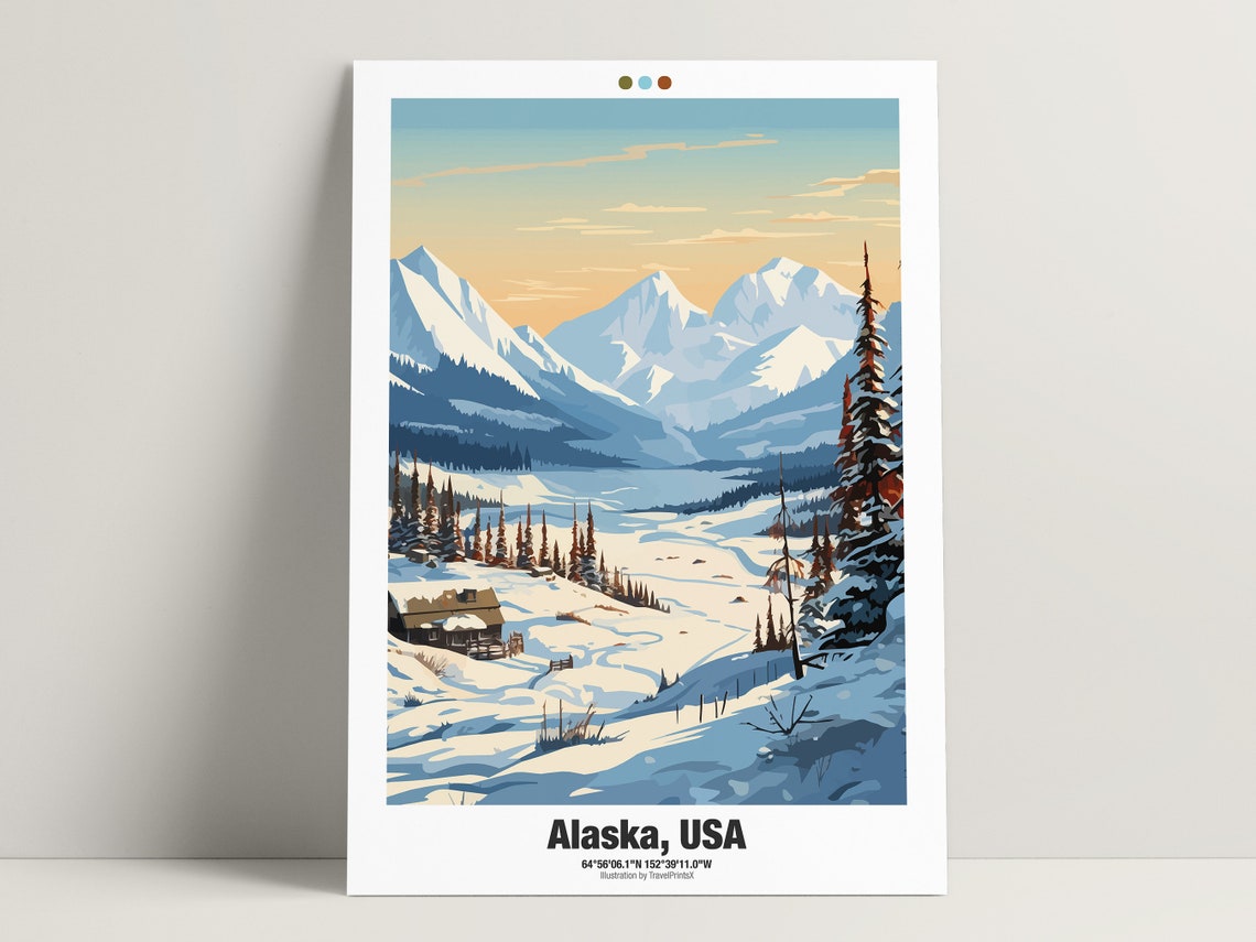 Alaska USA Winter Snowy Valley Cabin Spruce Mountains Travel Poster - Image 3
