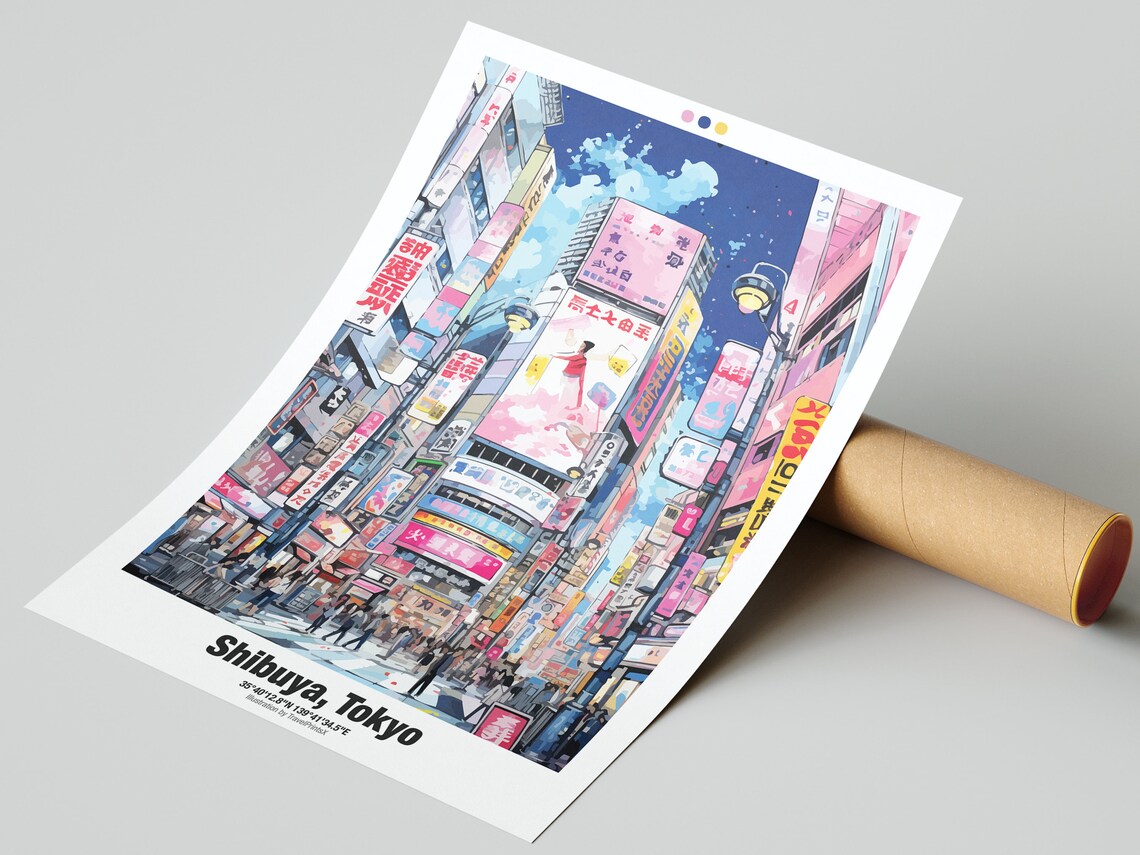 Shibuya Tokyo Japan Neon Night Street Crowds Signs Travel Poster - Image 2