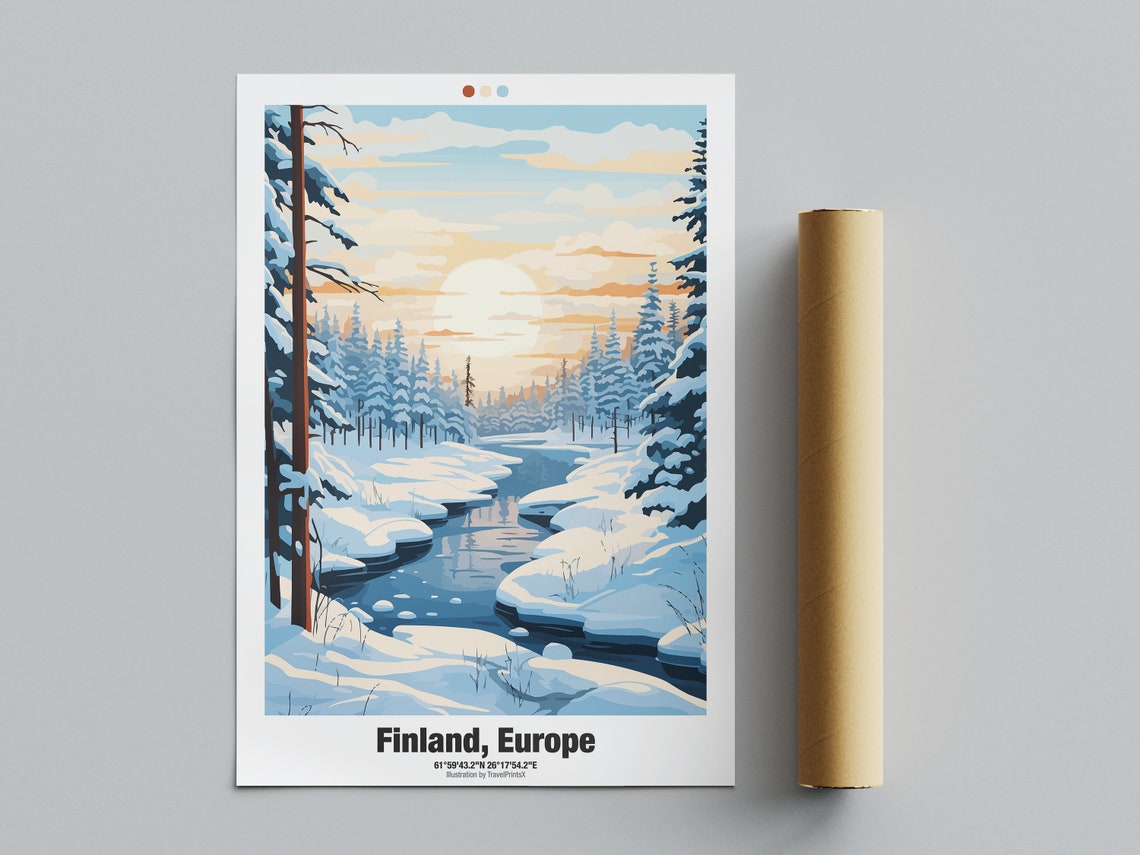 Finland Europe Snowy Pine Forest River Sunset Winter Travel Poster - Image 4