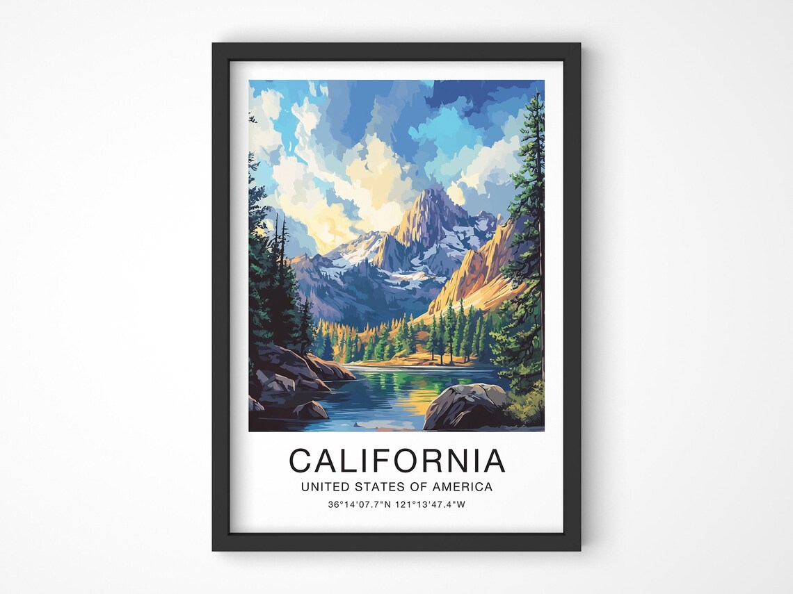 California USA Travel Poster Alpine Lake Snowy Peak Illustration Art