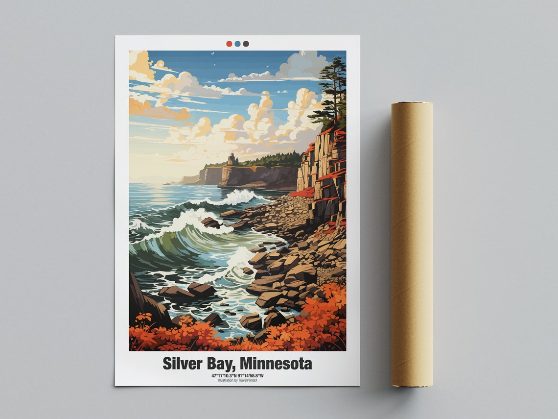 Silver Bay Minnesota Poster Rocky Shore Waves Autumn Foliage Art - Image 4