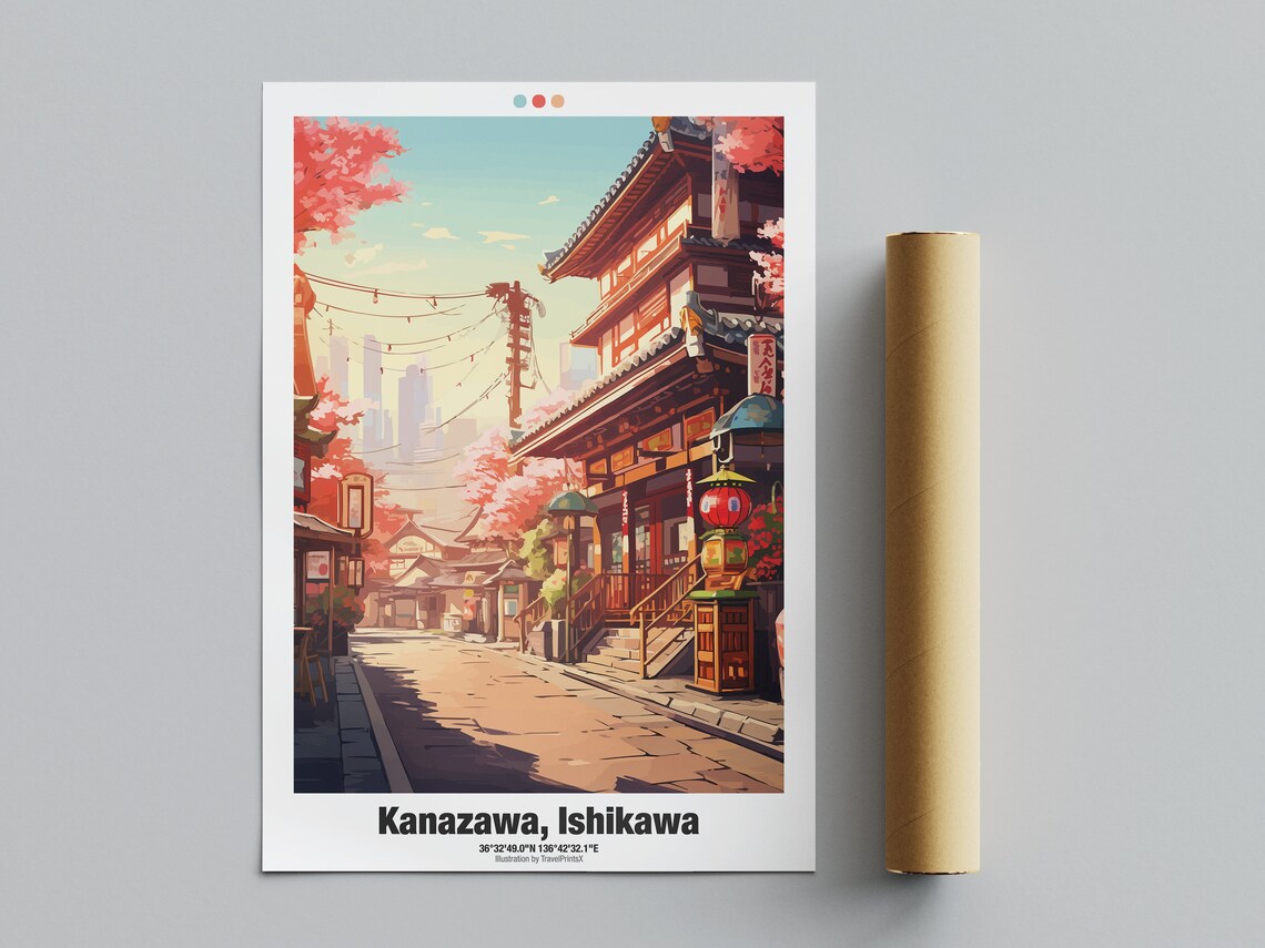 Kanazawa Ishikawa Japan Cherry Blossom Temple Street Travel Poster - Image 4