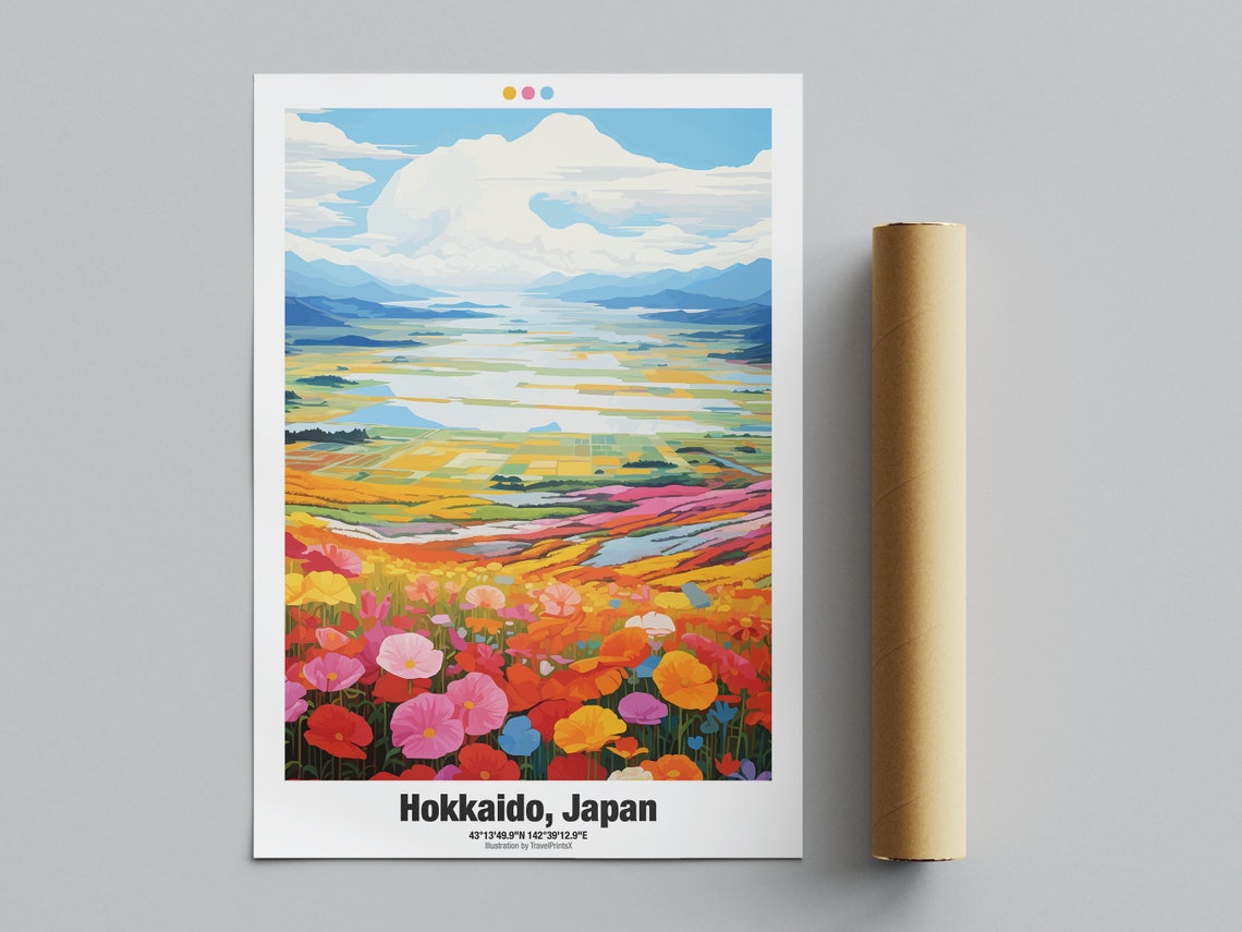 Hokkaido Japan Travel Poster Hokkaido Poster Japan Travel Print Hokkaido Flower Field Illustration Japan Wall Art
