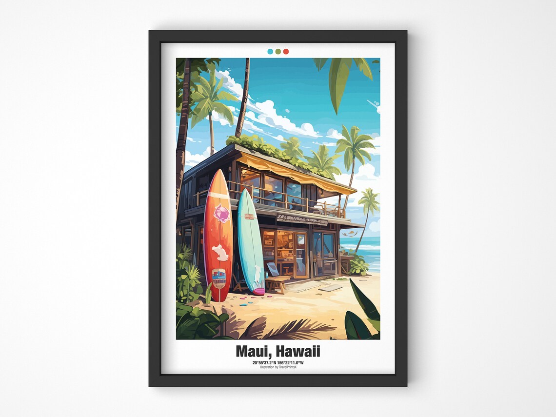 Maui Hawaii Colorful Surf Shack Beach Tropical Travel Poster - Image 3