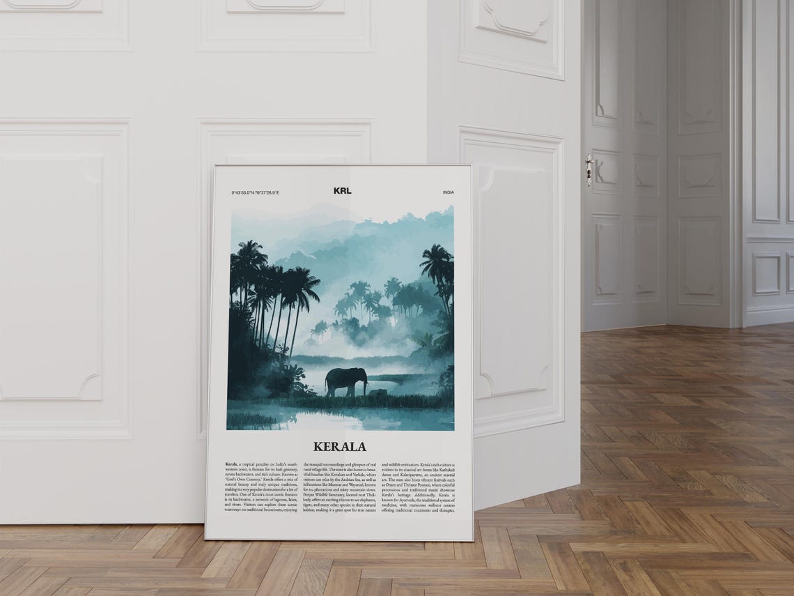 Kerala India Travel Poster City Guide Palms Elephant Misty Art - Image 4