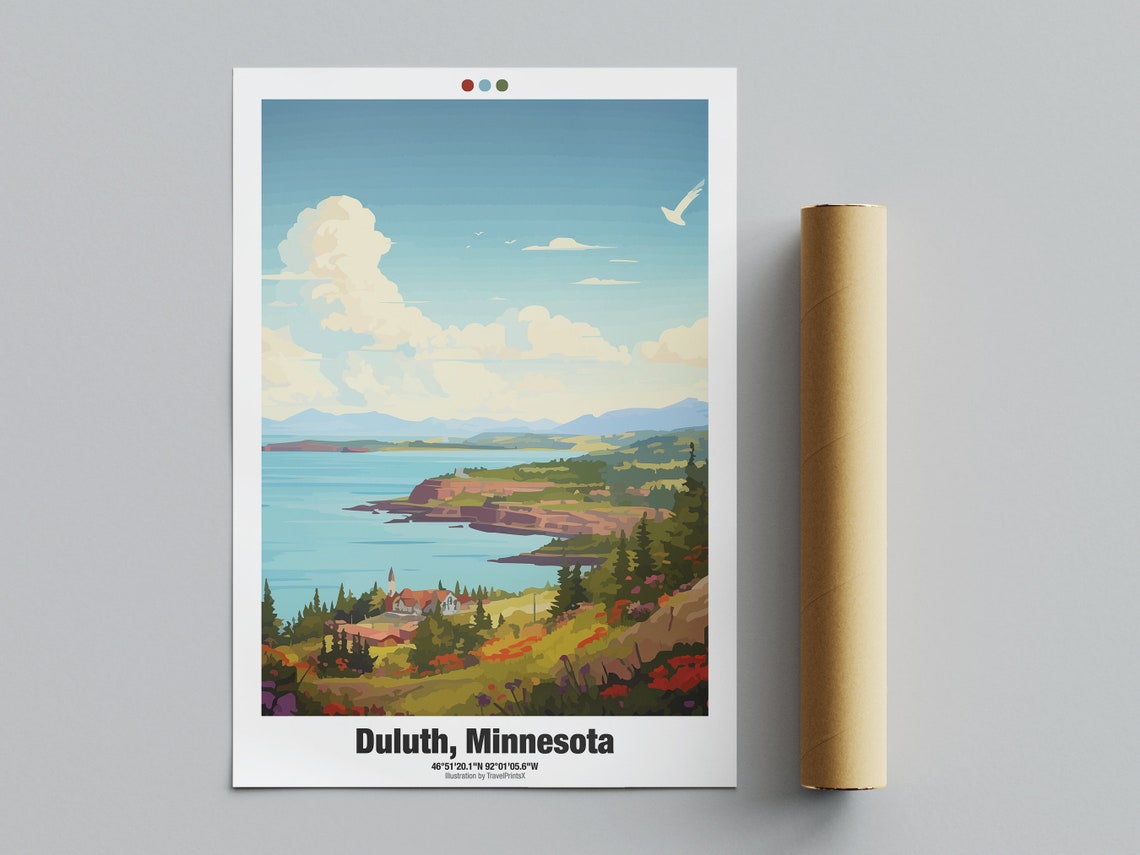Duluth Minnesota Lake Superior Shore Lighthouse Hills Travel Poster