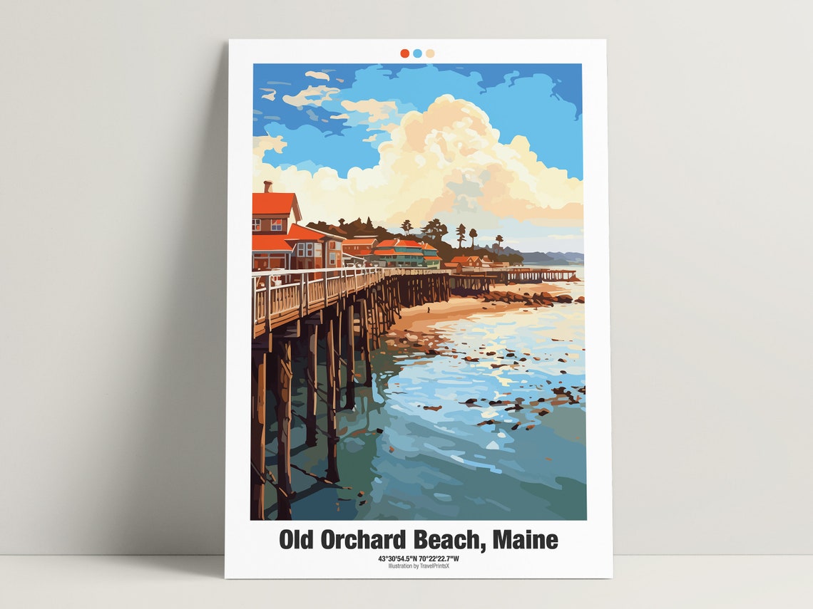 Old Orchard Beach Maine Wooden Pier Coastline Cottages Travel Poster - Image 2
