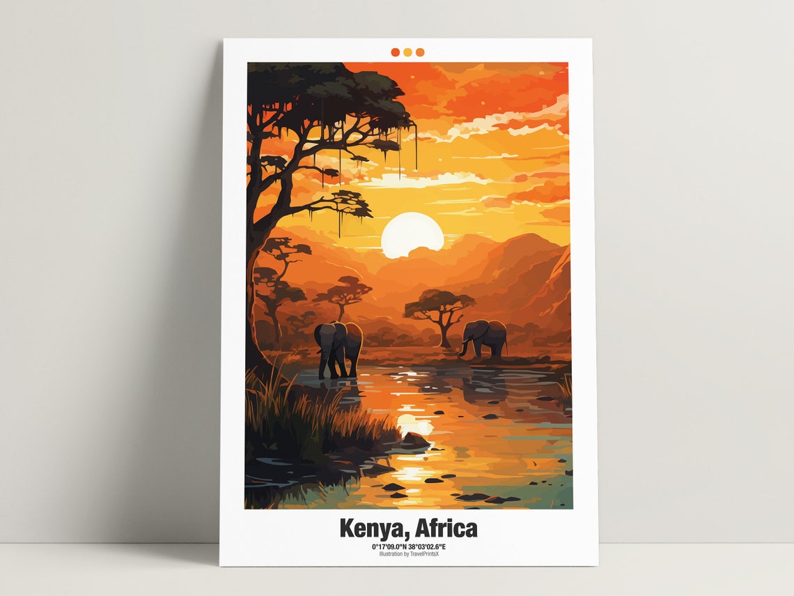 Kenya Africa Safari Sunset Elephants Acacia Waterhole Travel Poster - Image 3