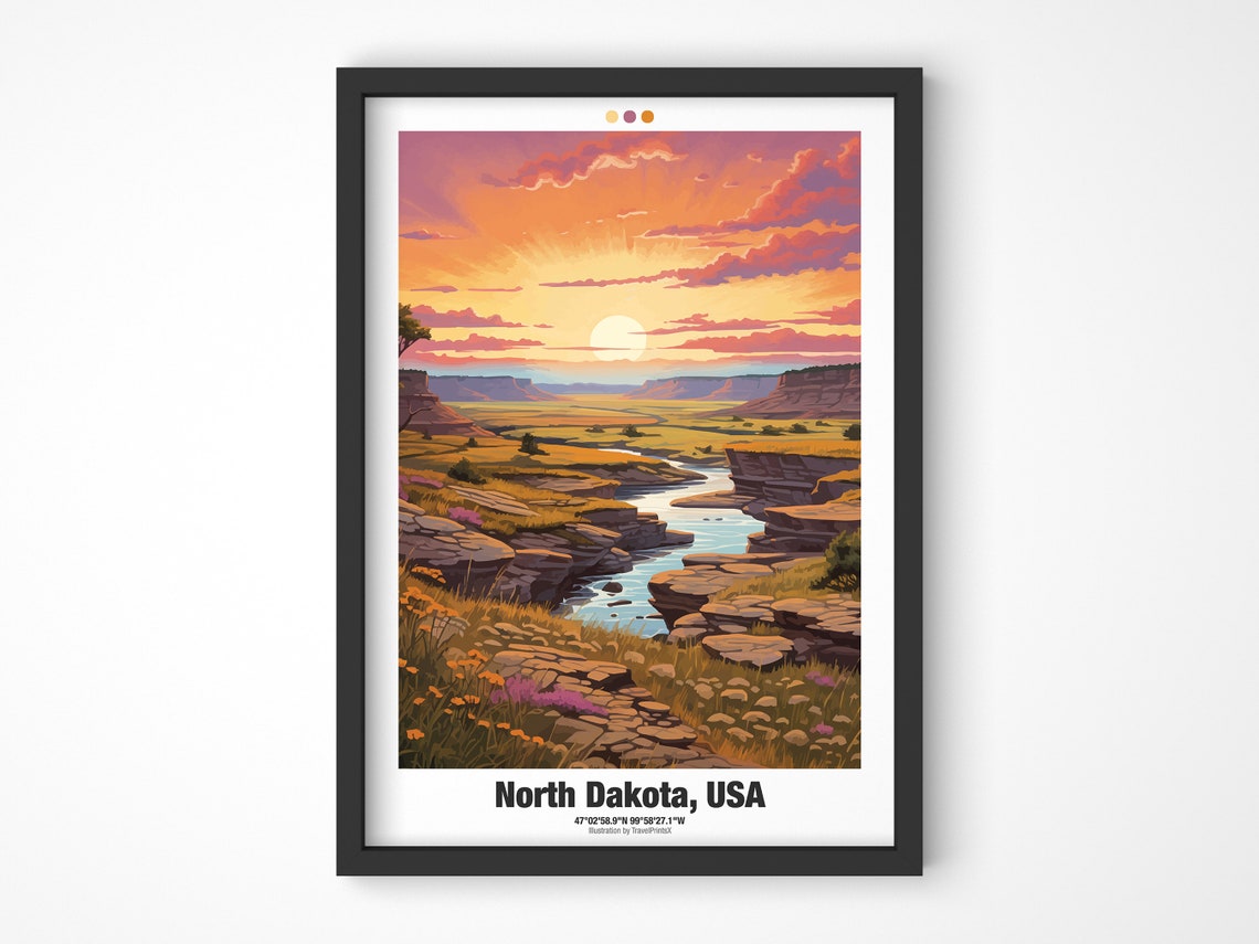 North Dakota USA Poster Sunset River Valley Buttes Prairie Artwork