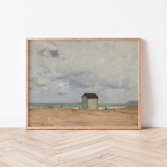 Moody Coastal House On The Beach Painting Print Art Soft Neutral Tones Wild Violets Co0001