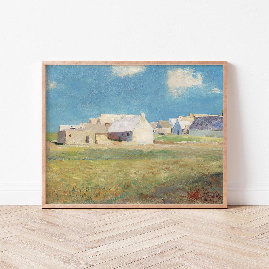 Sunlit Village Farmhouses In Green Field Oil Painting Poster