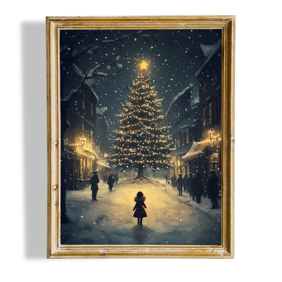 Moody Christmas Wall Art Snowy Aesthetic Oil Painting Christmas Tree Night Art Girl Outside Christmas Print Winter Art Instant
