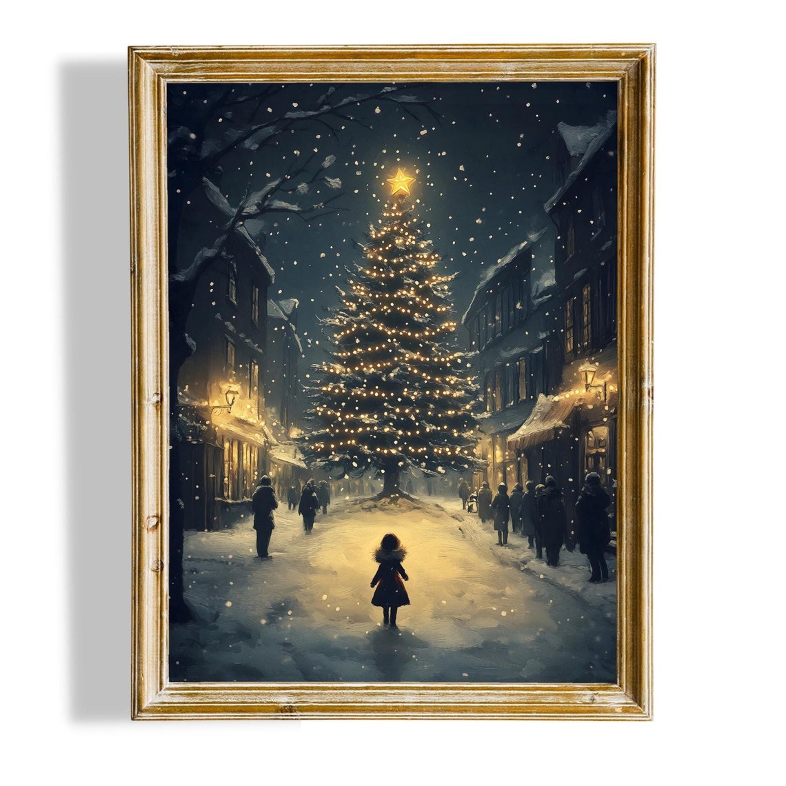 Moody Christmas Wall Art Snowy Aesthetic Oil Painting Christmas Tree Night Art Girl Outside Christmas Print Winter Art Instant