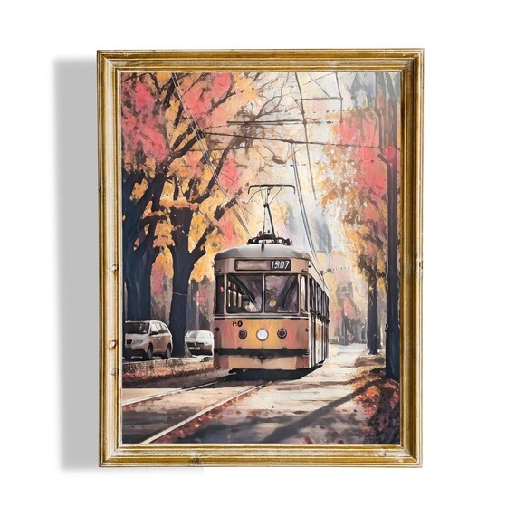 Vintage Tram Number 1907 Autumn Tree Lined Street Oil Art Poster