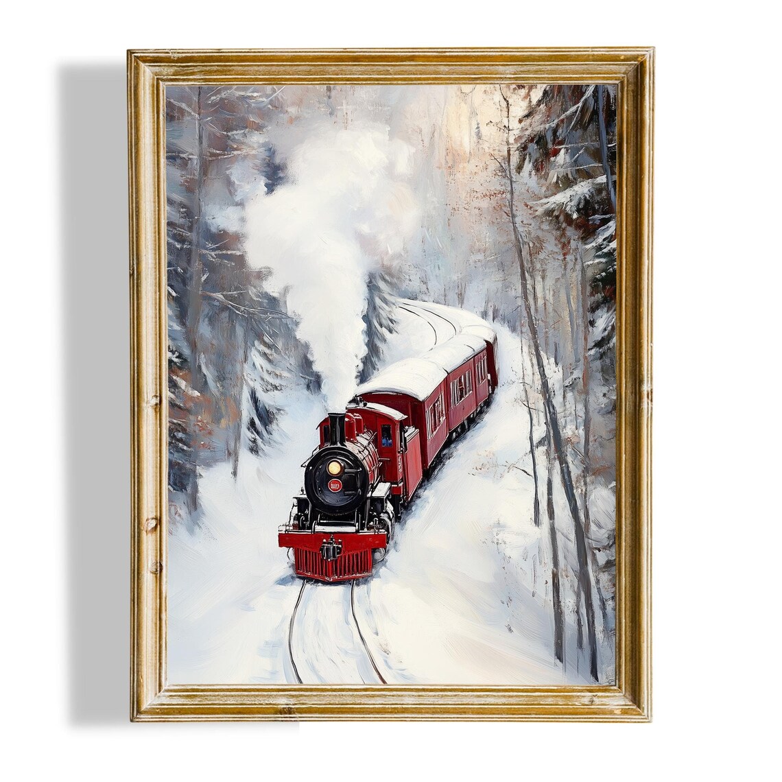 Vintage Red Steam Train Snowy Forest Winter Railroad Art Poster