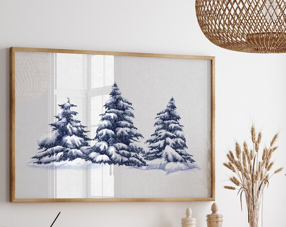 Blue Snowy Pine Trees Tranquil Winter Forest Watercolor Art Print