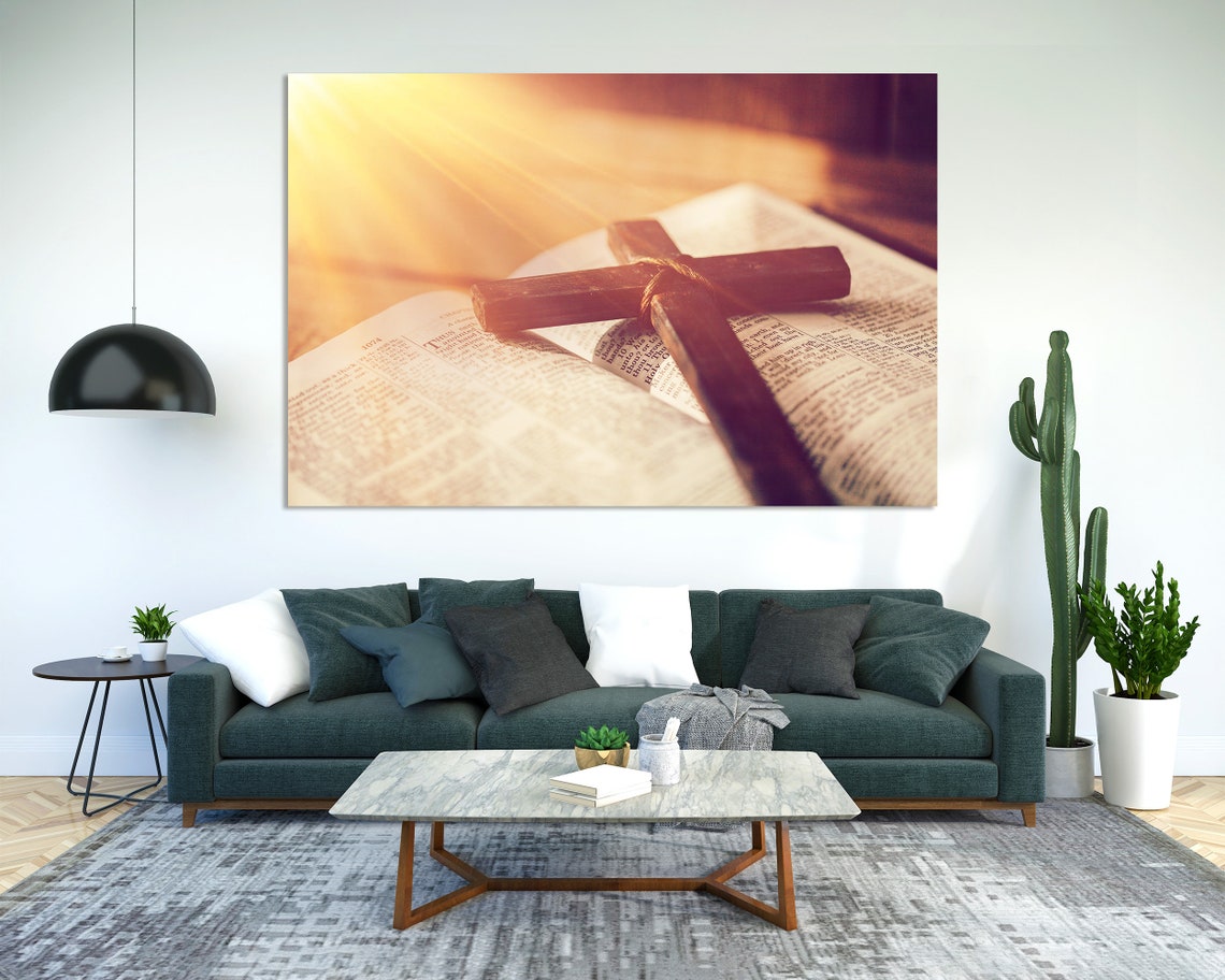 Wooden Cross On Open Bible Warm Light Faith Triptych Wall Art - Image 2