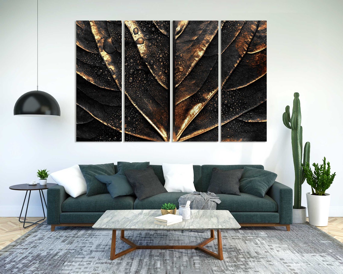 Golden Leaf With Water Droplets Dark Background Botanical Wall Poster - Image 2