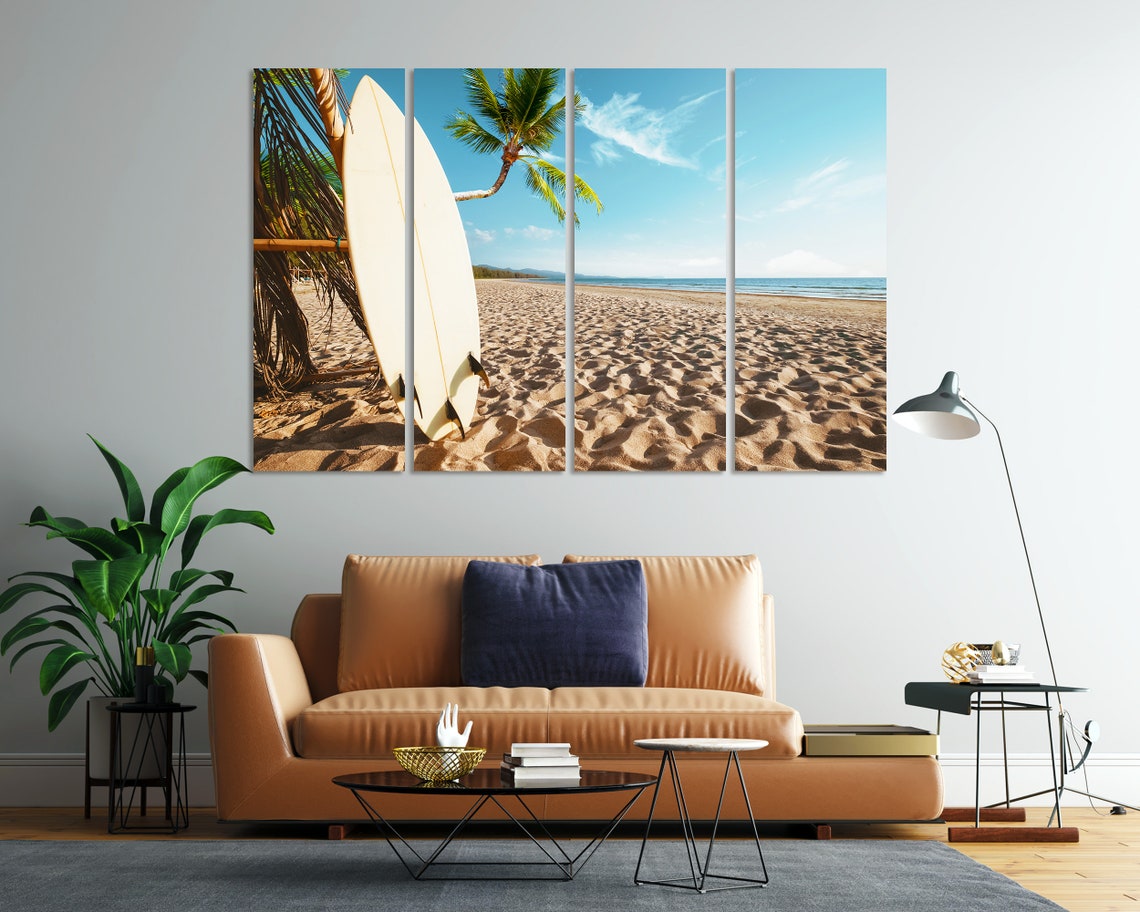Surfboard on Sandy Beach Palm Trees Tropical Shore Travel Poster - Image 7