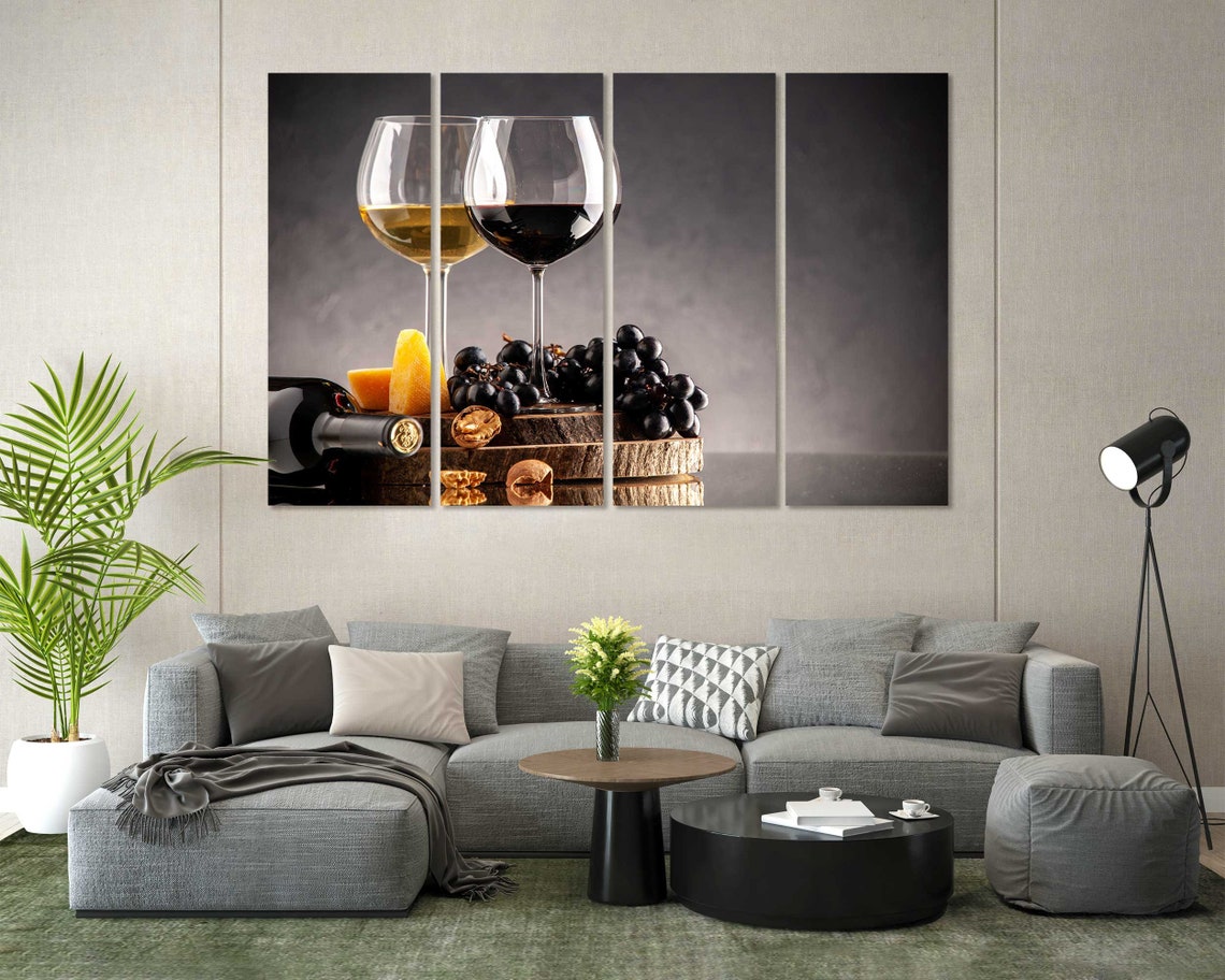 Red White Wine Glasses Grapes Cheese Still Life 4 Panel Wall Art - Image 6