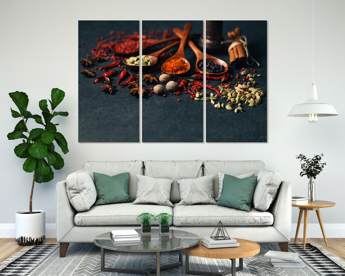 Aromatic Spices In Wooden Spoons Dark Background Quadriptych Wall Art - Image 3