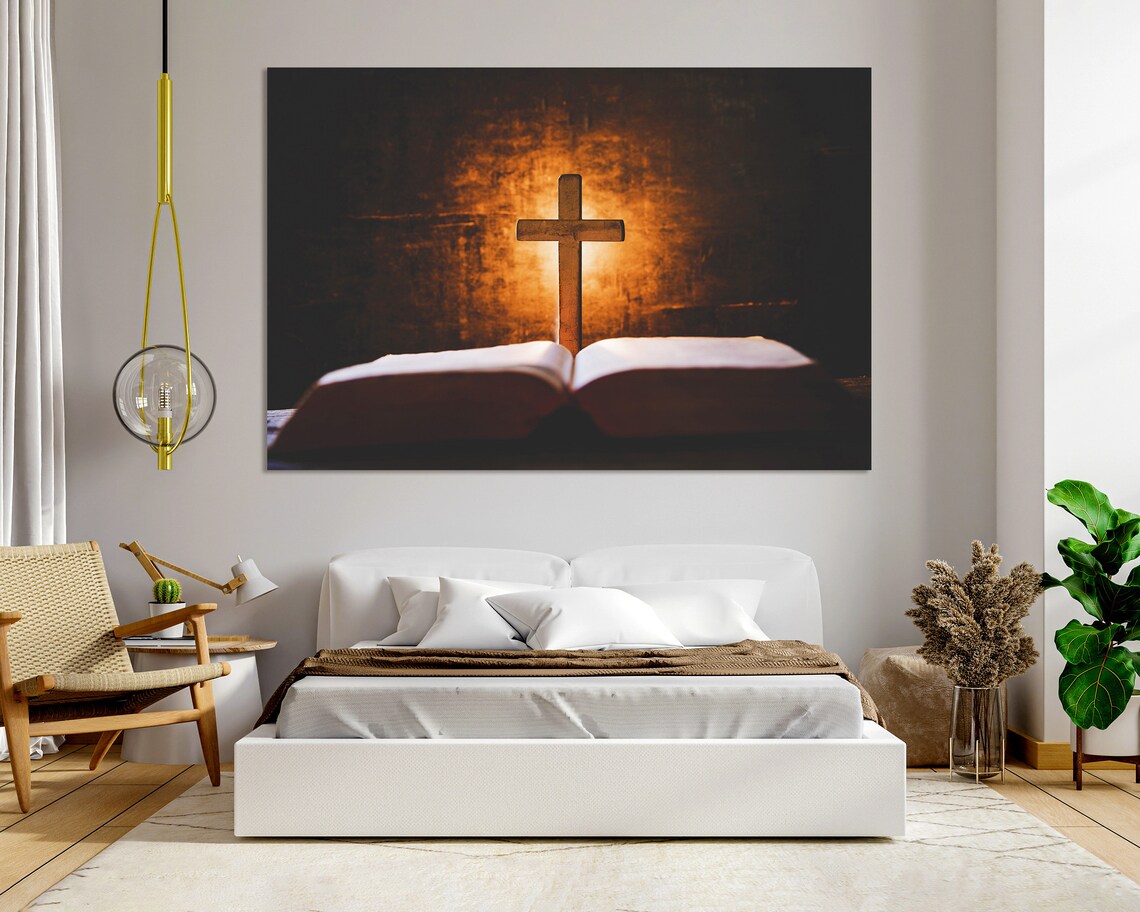 Wooden Cross Open Bible Glowing Light Faith Inspiration Christian Wall Poster - Image 6