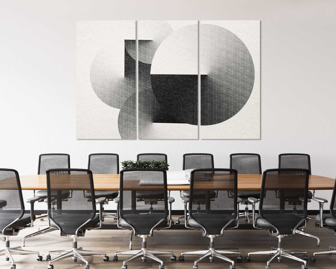 Black And White Geometric Circles Engraving Triptych Abstract Wall Art - Image 4