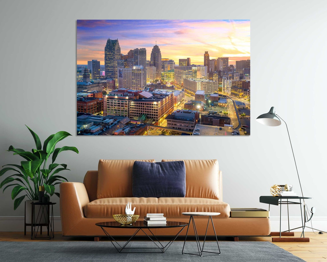 Detroit Twilight Art For Wall Detroit Michigan Wall Art Detroit Large Art Decor Detroit Painting On Michigan State Decor For Home