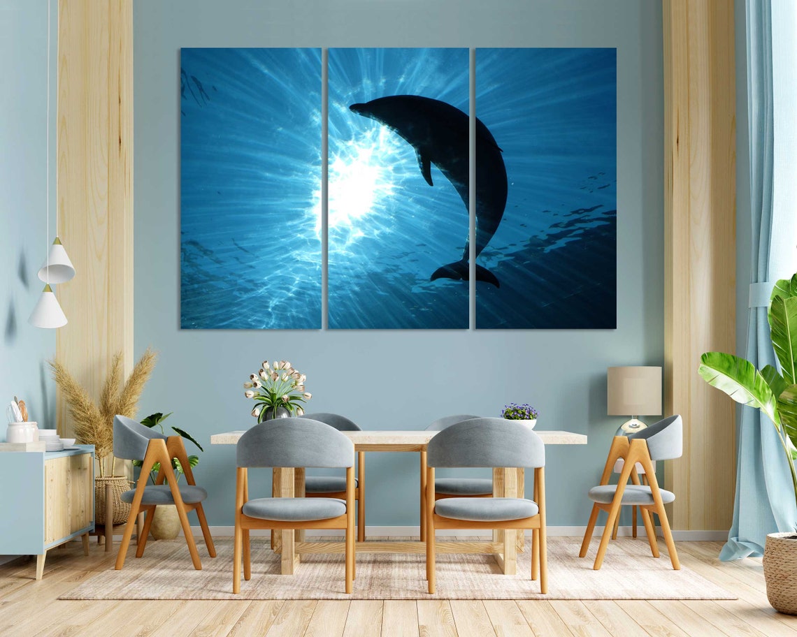 Dolphin Silhouette Leaping Under Sunbeams Ocean Blue Wall Poster - Image 3