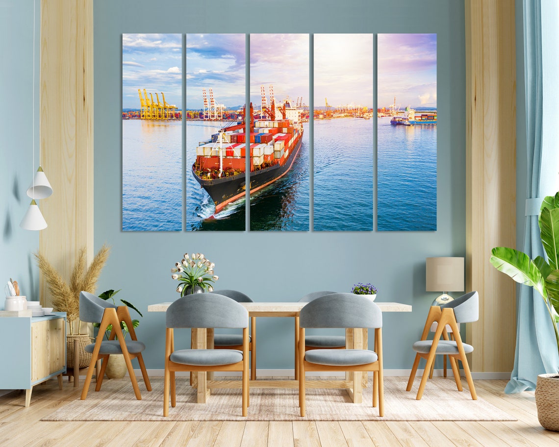Container Cargo Ship Leaving Port Sunset Harbor Three Panel Poster - Image 3